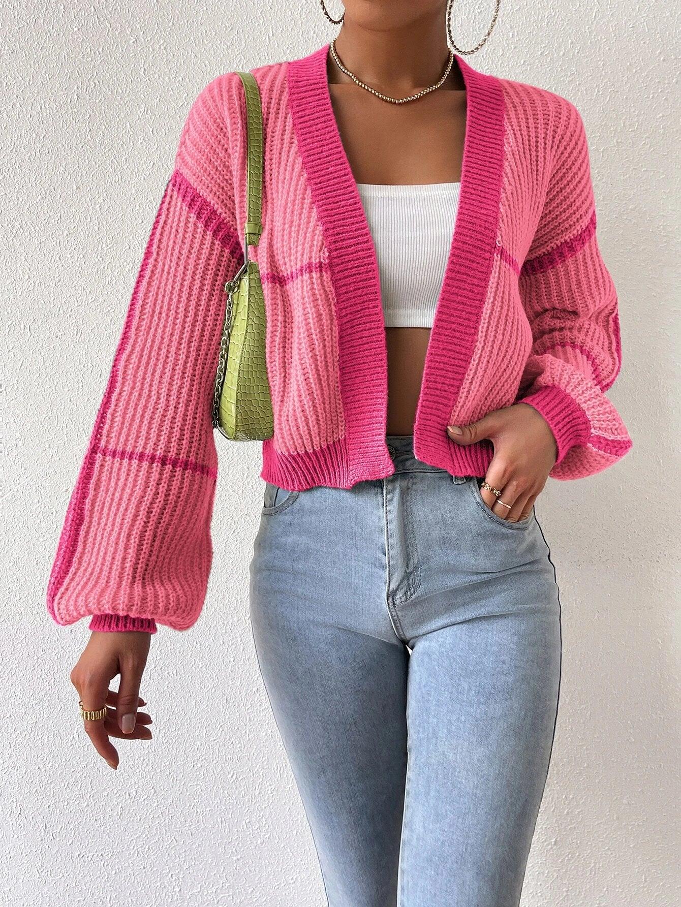 Shein Cardigan long à bordure contrastante manches bouffantes - GlamShopTN