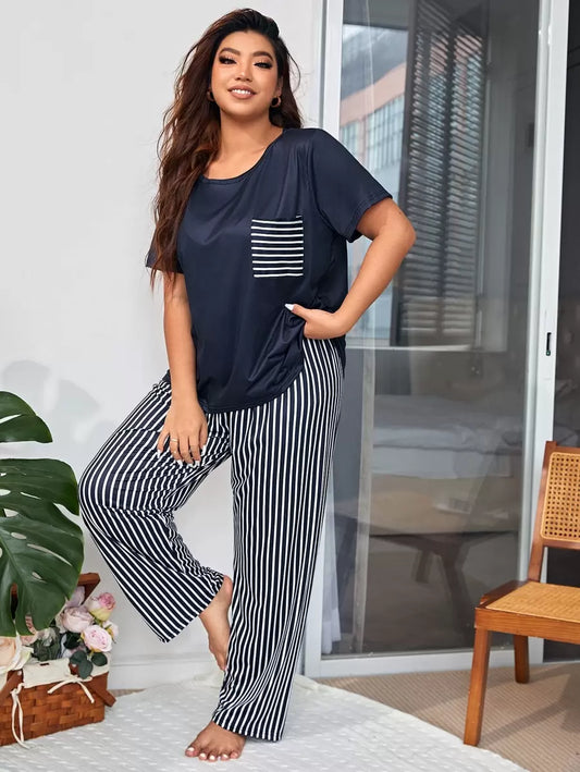 Grande taille Femme Motif rayé Patch Poche Haut et pantalon Ensemble pyjama