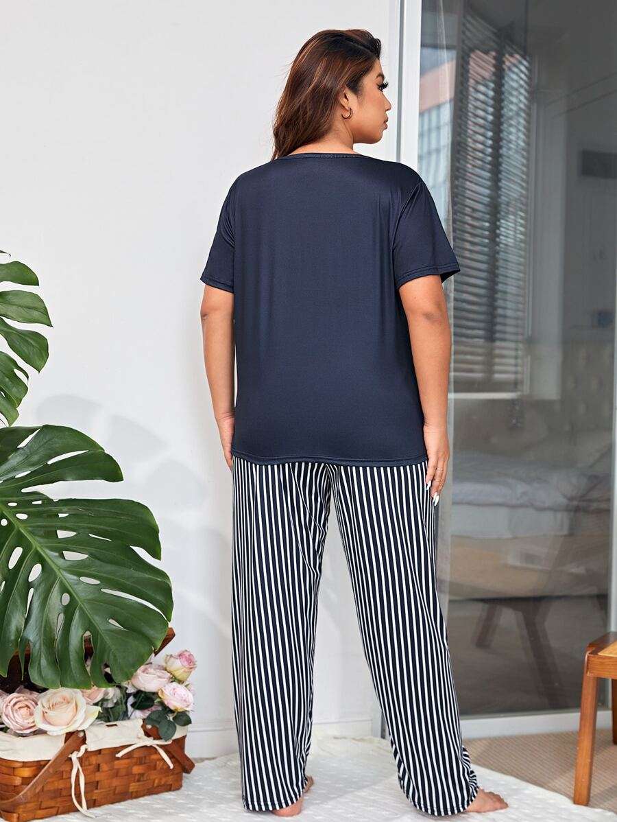 Grande taille Femme Motif rayé Patch Poche Haut et pantalon Ensemble pyjama
