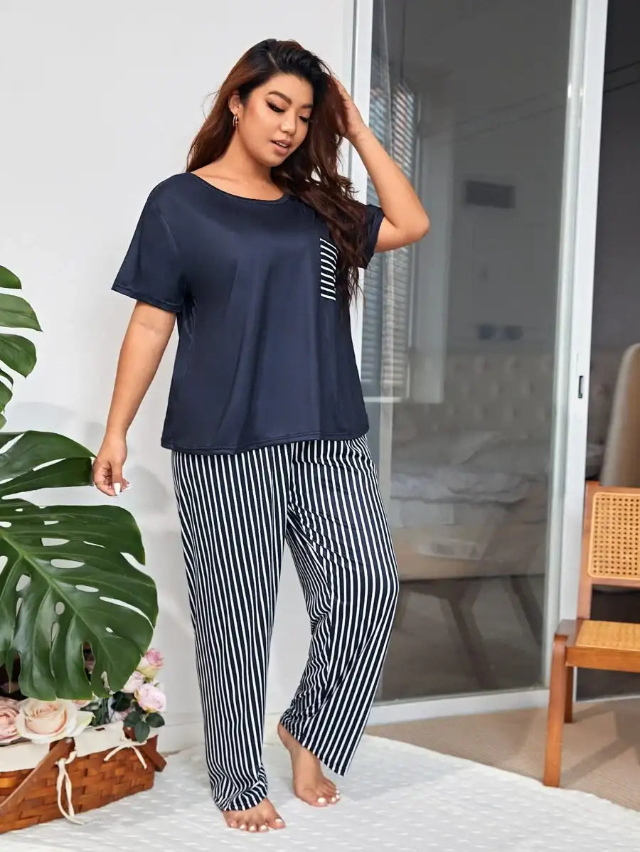 Grande taille Femme Motif rayé Patch Poche Haut et pantalon Ensemble pyjama
