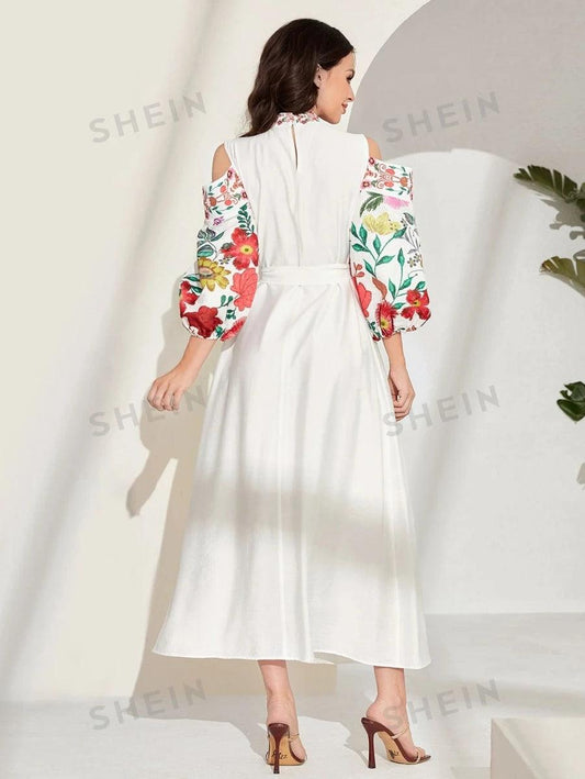 SHEIN Mulvari Robe ceinturée à imprimé floral à épaules dénudées - GlamShopTN
