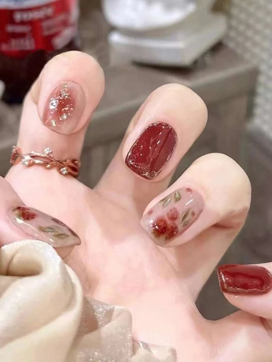 Shein Améliorez votre look avec 24 pièces de faux ongles carrés longs à motif fleurs pailletées estompées