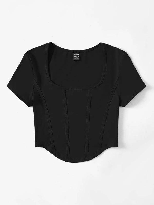 SHEIN EZwear T-Shirt Court À Col Carré Ourlet Incurvé - GlamShopTN