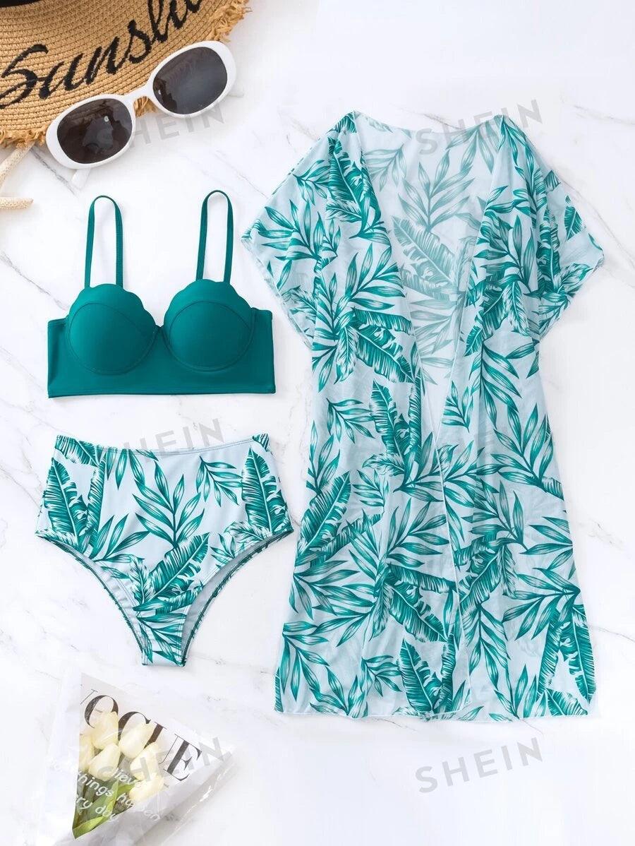 Shein Ensemble de bikini push-up imprimé tropical avec kimono, plage d'été