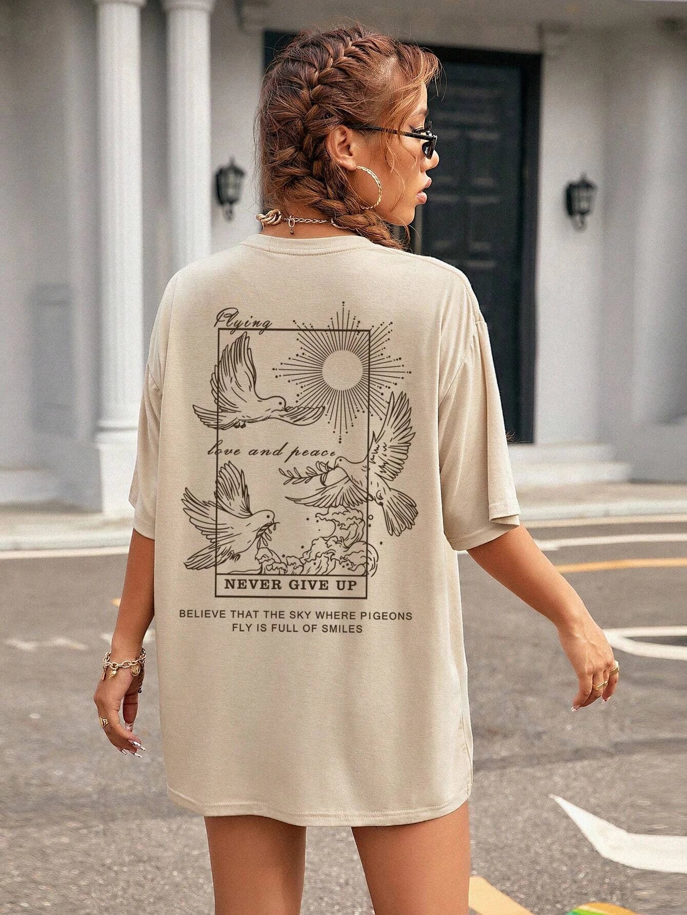 SHEIN EZwear T-shirt à motif pigeon et graphique de slogan
