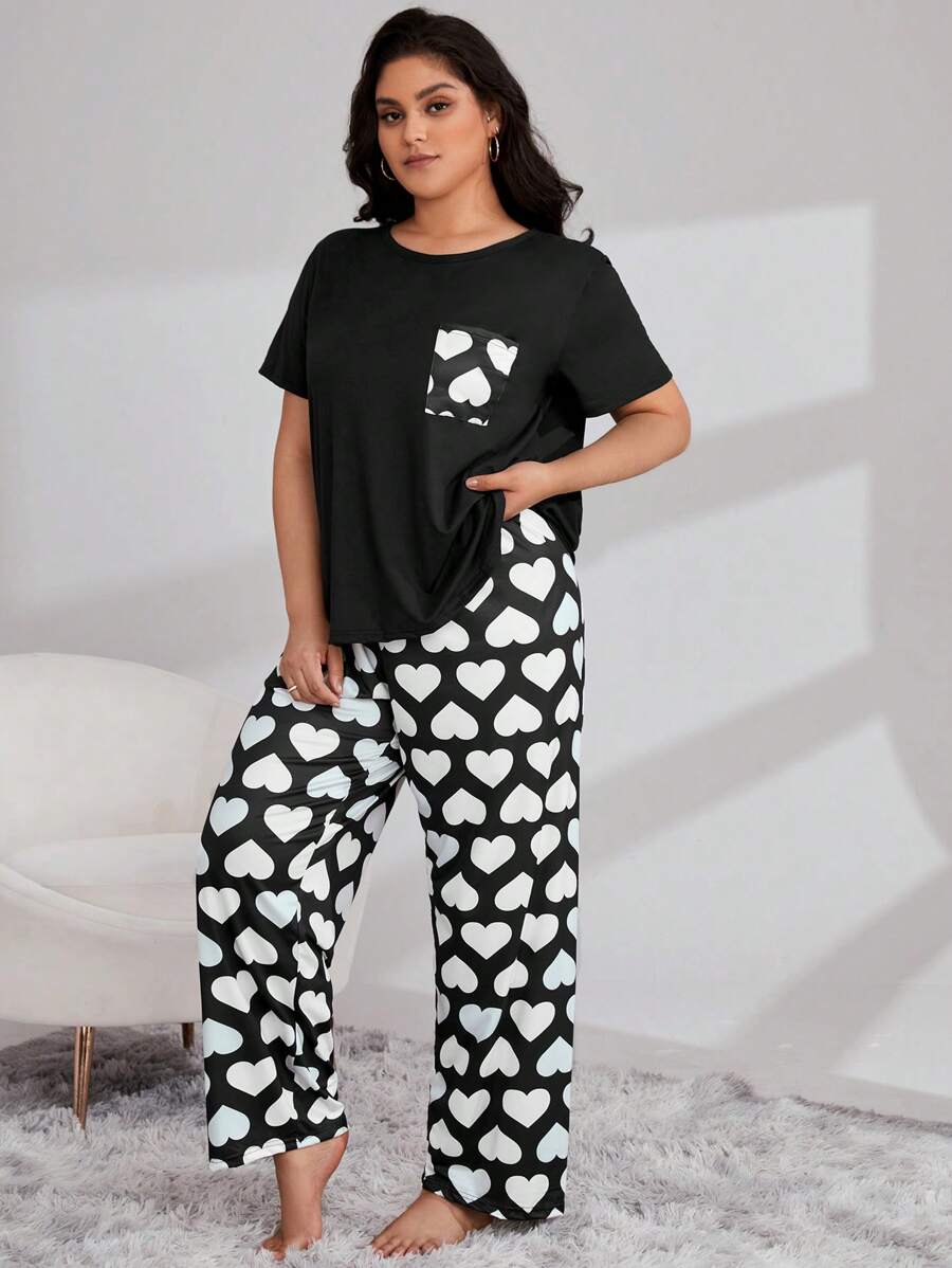Ensemble grande taille composé d'un t-shirt à motif cœur et d'un pantalon - GlamShopTN