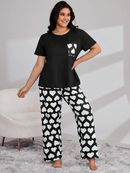 Ensemble grande taille composé d'un t-shirt à motif cœur et d'un pantalon