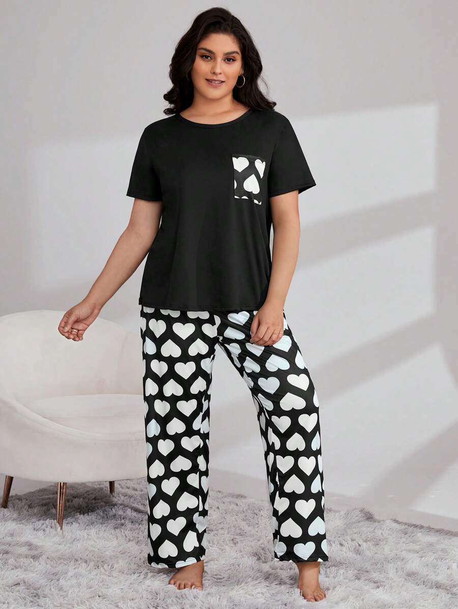Ensemble grande taille composé d'un t-shirt à motif cœur et d'un pantalon - GlamShopTN