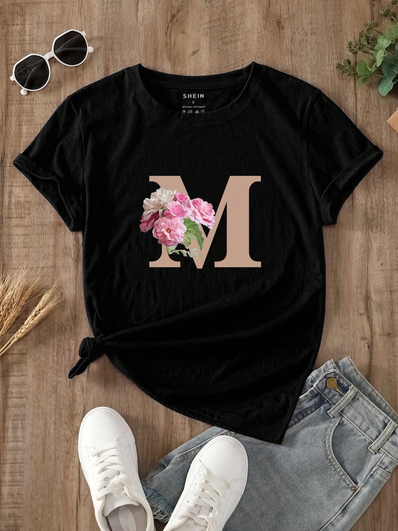 SHEIN LUNE T-shirt fleuri et lettre - GlamShopTN