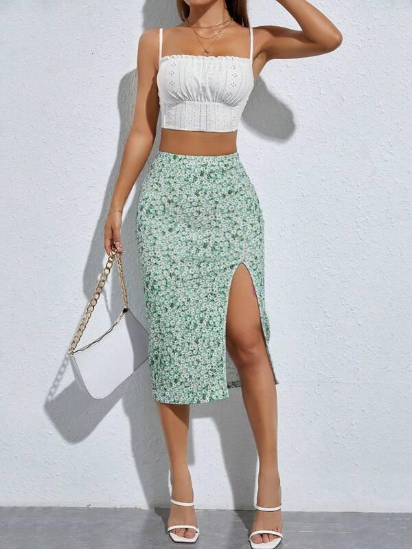 SHEIN PETITE à plis Top à fines brides & fleuri fendu Jupe - GlamShopTN