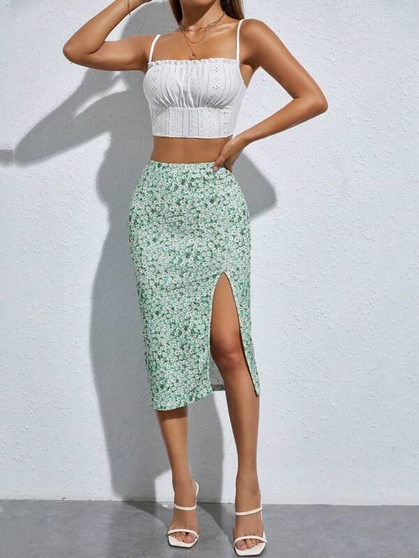 SHEIN PETITE à plis Top à fines brides & fleuri fendu Jupe - GlamShopTN
