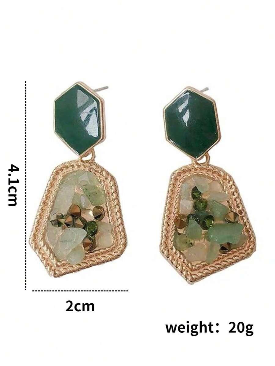 Shein 2 paires/set Ensemble pendants d'oreilles émeraude vintage en pierre naturelle verte et blanche de style français - GlamShopTN