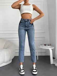 Shein Cottnline Jean Mom À Applique Lettre Tondu - GlamShopTN