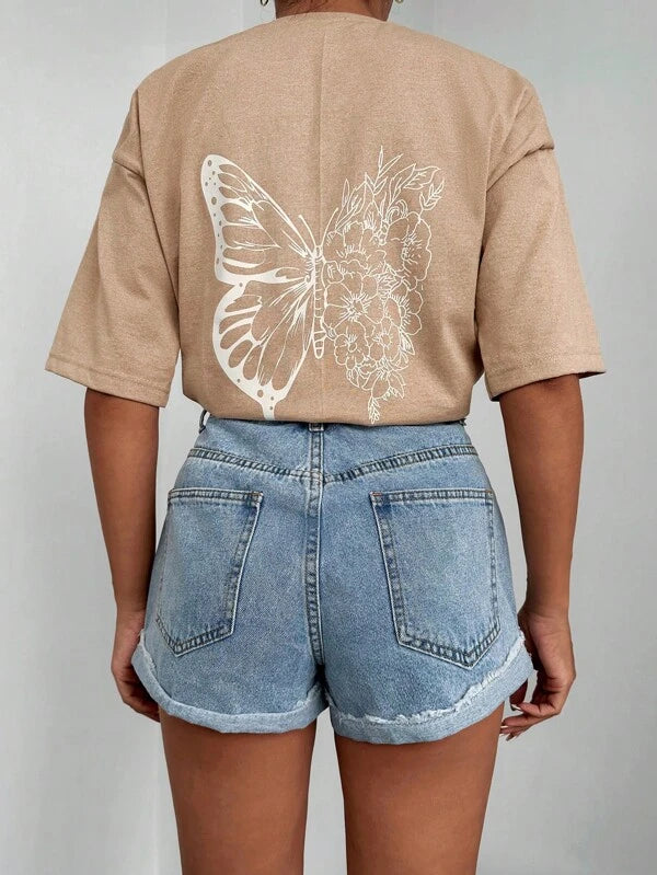 Shein T-shirts pour femmes Casual Floral Papillon