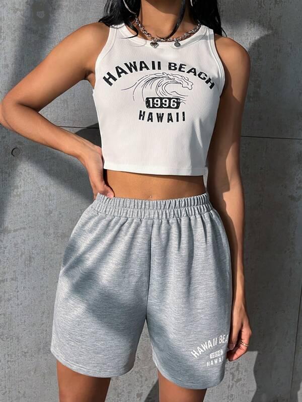 SHEIN EZwear À Lettres Top Sans Manches & Short - GlamShopTN