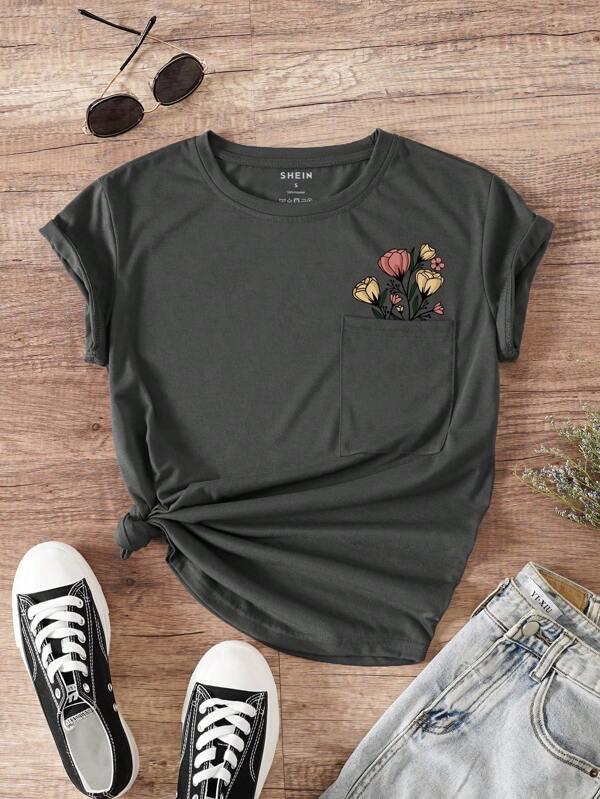 SHEIN LUNE T-shirt Imprimé Floral Avec Poche - GlamShopTN