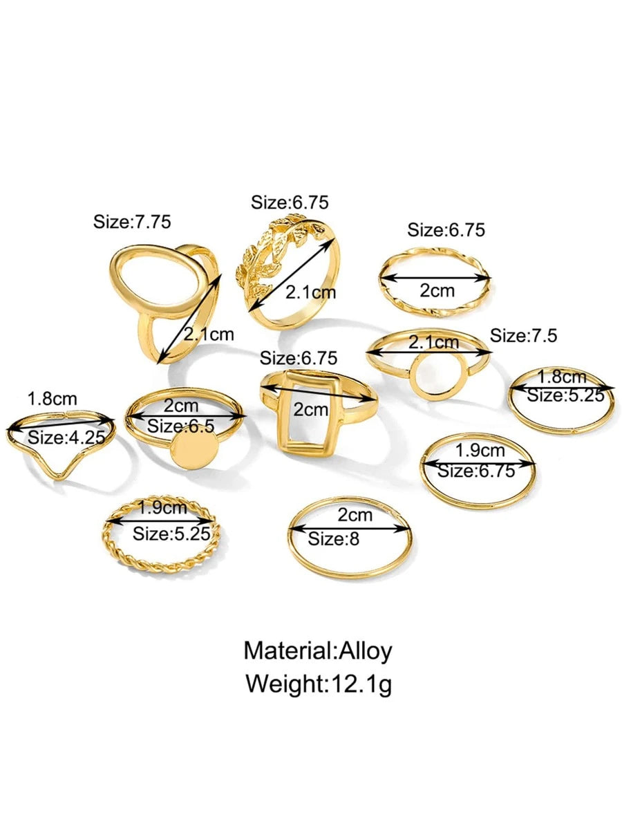 Shein Ensemble de 11 bagues à jointure de conception de feuille d"arbre géométrique