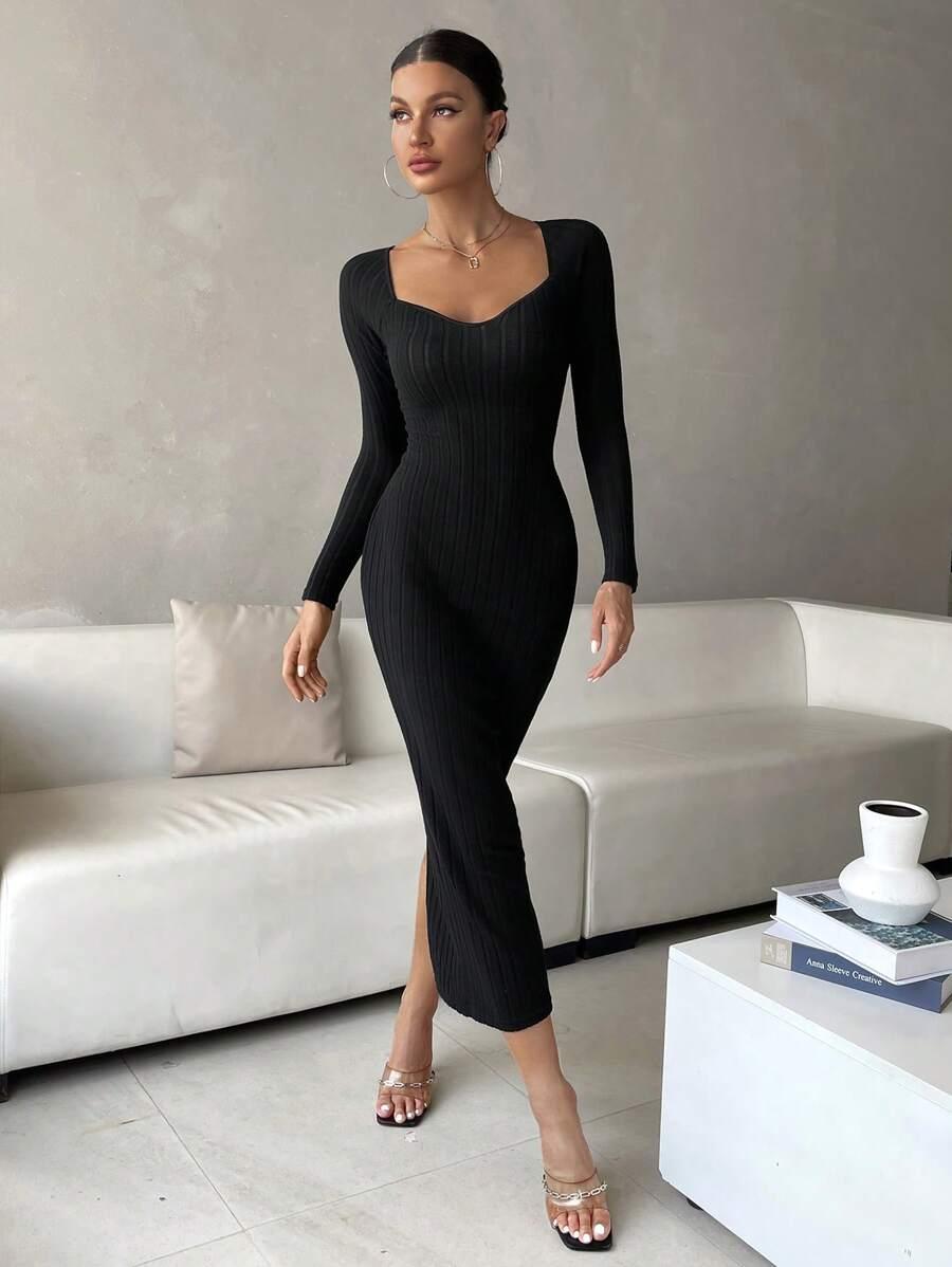 SHEIN Essnce Robe Moulante À Encolure De Cœur Côtelé - GlamShopTN