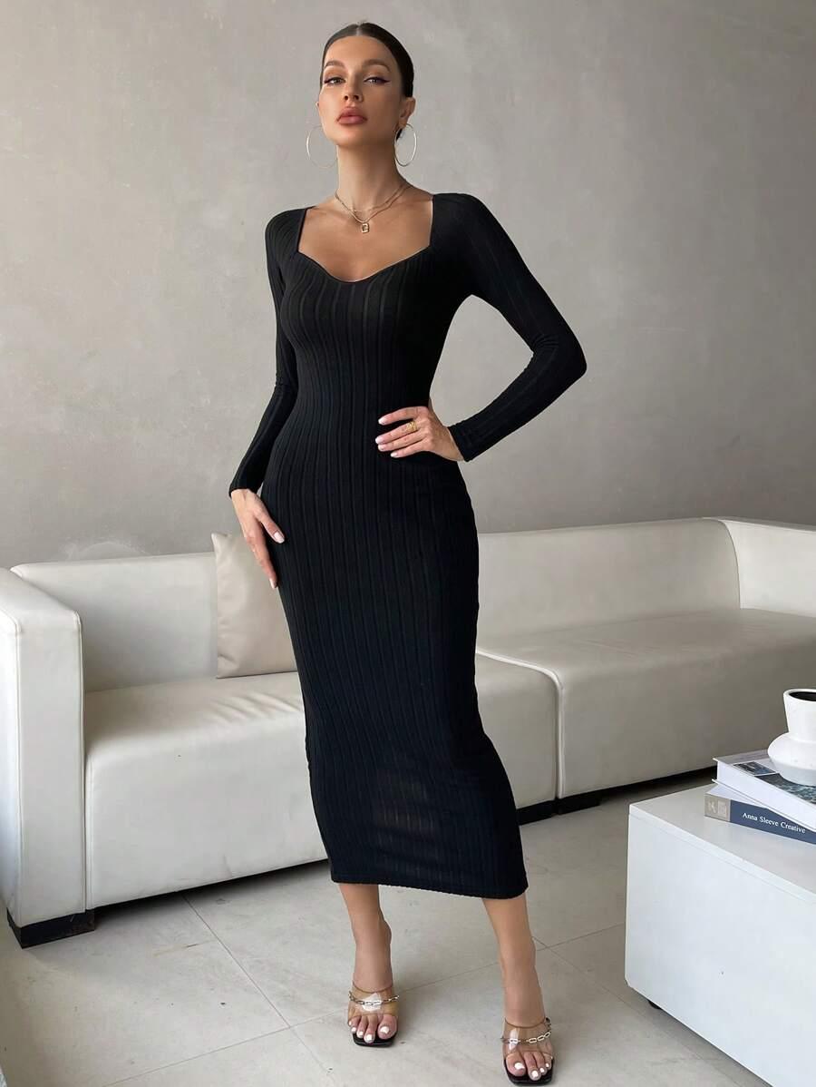 SHEIN Essnce Robe Moulante À Encolure De Cœur Côtelé - GlamShopTN