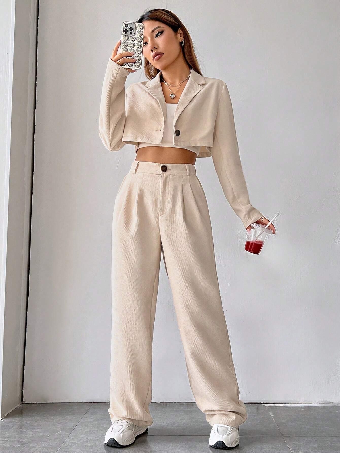 SHEIN EZwear Blazer Col À Revers Court Unicolore - GlamShopTN