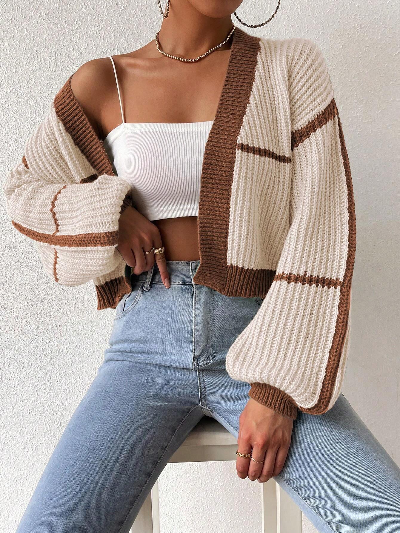 Shein Cardigan Long À Bordure Contrastante Manches Bouffantes - GlamShopTN