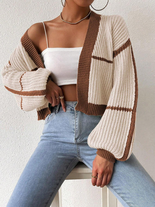 Shein Cardigan Long À Bordure Contrastante Manches Bouffantes - GlamShopTN