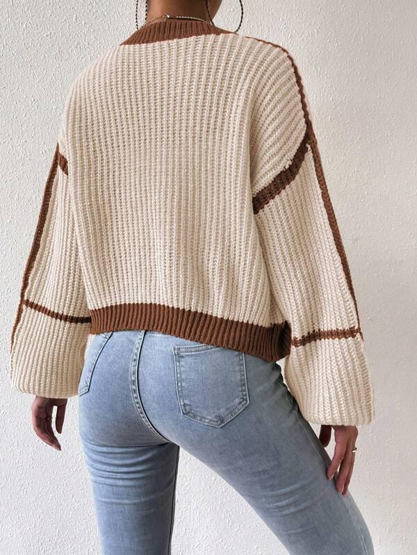 Shein Cardigan Long À Bordure Contrastante Manches Bouffantes - GlamShopTN