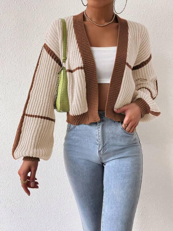 Shein Cardigan Long À Bordure Contrastante Manches Bouffantes - GlamShopTN