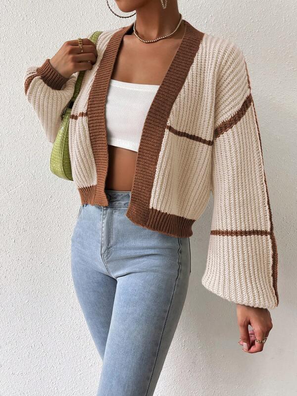 Shein Cardigan Long À Bordure Contrastante Manches Bouffantes - GlamShopTN
