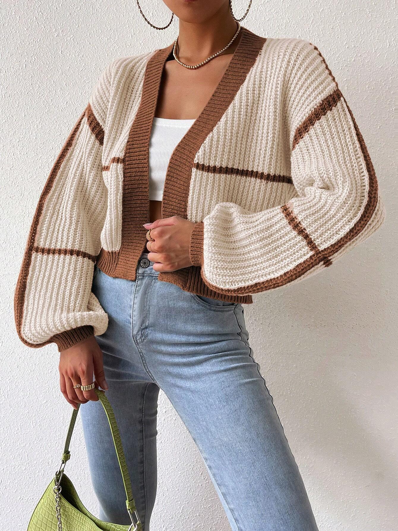 Shein Cardigan Long À Bordure Contrastante Manches Bouffantes - GlamShopTN