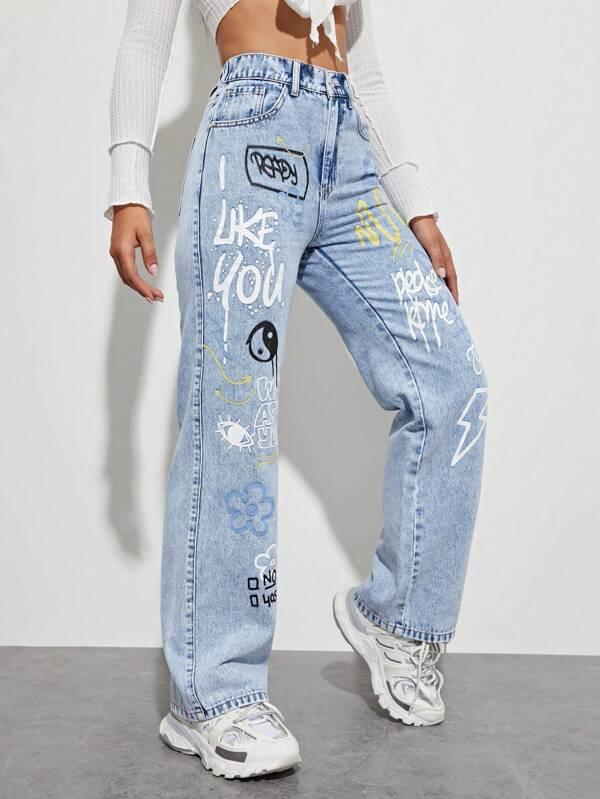 SHEIN ICON Jean slogan et à imprimé taijitu - GlamShopTN