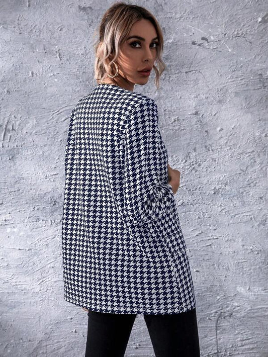 SHEIN LUNE Houndstooth Print Open Front Blazer - GlamShopTN