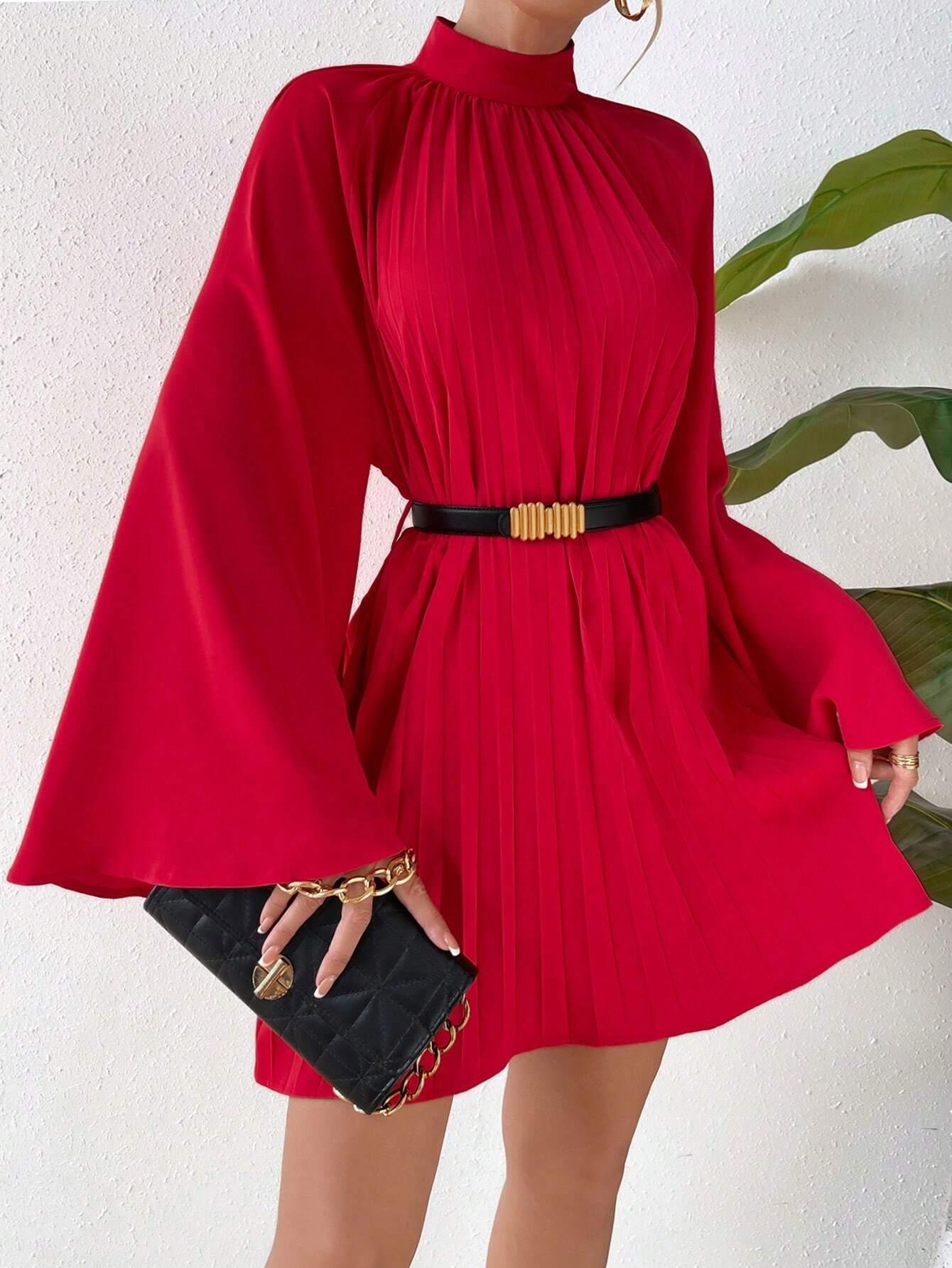 SHEIN VCAY Robe À Col Montant Manches Trompette À Plis (Sans Ceinture) - GlamShopTN