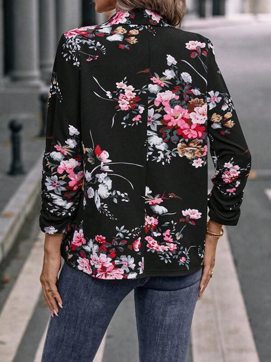 Shein Floral Print Shawl Collar Ruched Sleeve Blazer - GlamShopTN