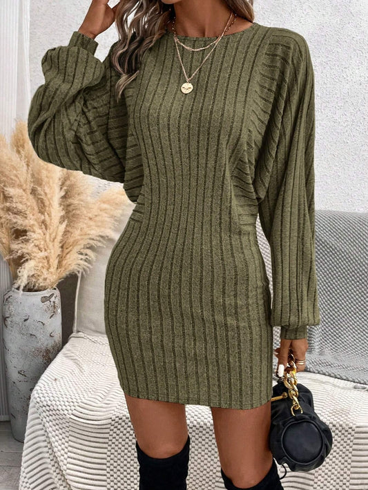 SHEIN LUNE Robe Moulante Unicolore Manches Chauve-Souris Côtelé - GlamShopTN
