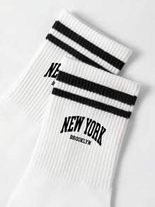 Shein 5 Paires/pack Chaussettes Mi-mollet Pour Femmes, En Blanc Avec Lettre New York Doublement Rayée, Anti-odeur Et Absorbant La Transpiration, Convient Pour La Vie Quotidienne - GlamShopTN