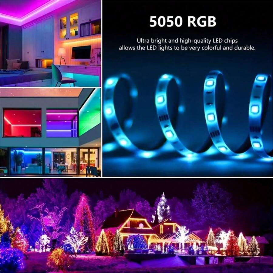 Shein 1 bande lumineuse décorative LED contrôlée sans fil avec télécommande infrarouge à 24 boutons, 10 m USB DIY synchronisation musicale RVB lumière changeante de couleur pour chambre, salon, décoration de maison