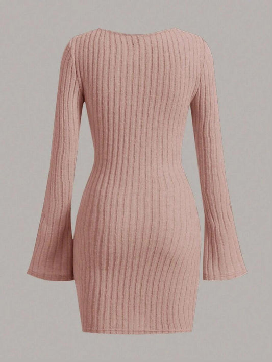 SHEIN EZwear Robe Moulante Encolure dégagée Manches Cloche Côtelé - GlamShopTN