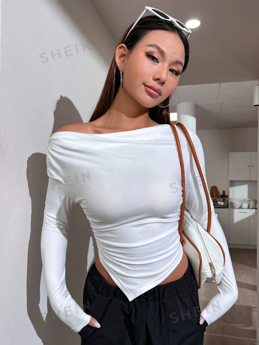 SHEIN EZwear T-shirt Col Bardot À Ruché Asymétrique