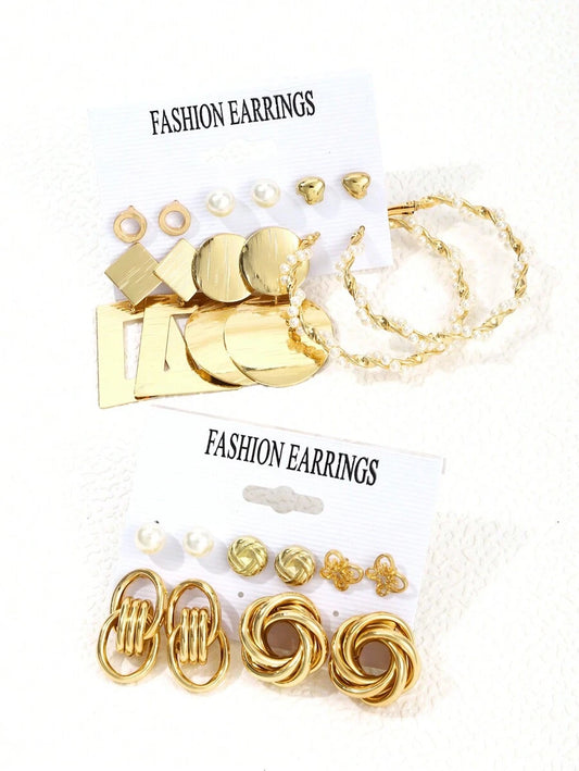 Shein Ensemble de 22 pièces Boucles d'oreilles géométriques en imitation perle et en métal simple pour femmes