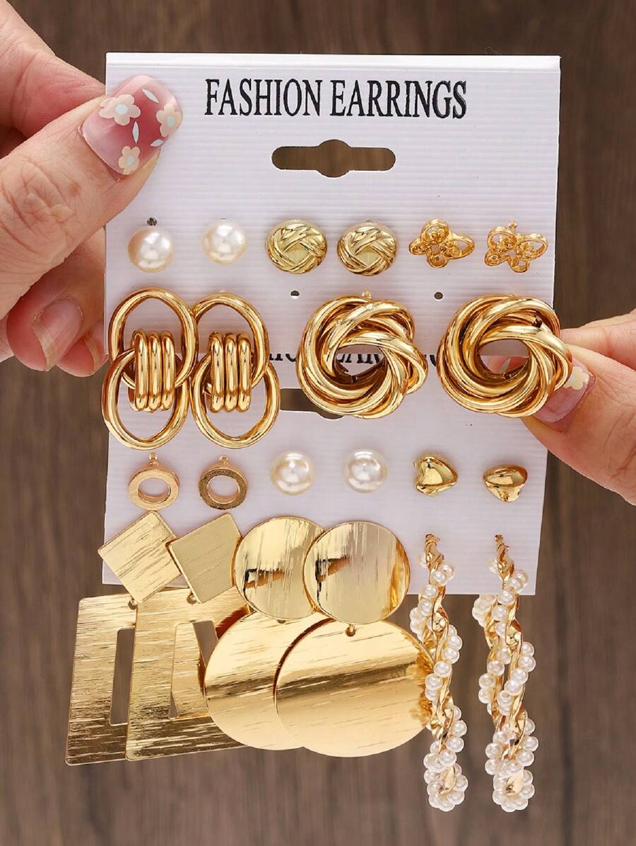 Ensemble de 22 pièces Boucles d'oreilles géométriques en imitation perle et en métal simple pour femmes