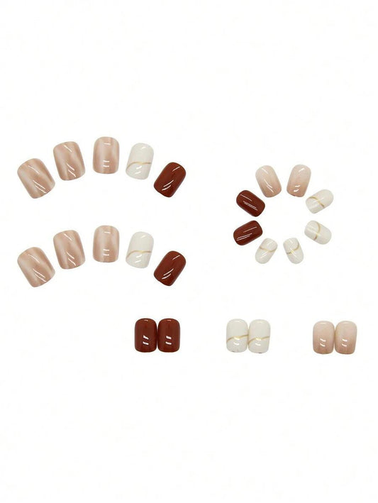 Shein 24 Pièces/set Faux Ongles Minimalistes De Style Français Carré Court Avec 1 Lime À Ongles Et 1 Feuille De Gelée - GlamShopTN
