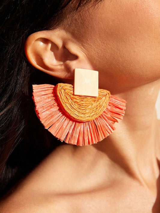 SHEIN VCAY 1 Paire De Boucles D'oreilles Exagérées En Bois Avec Incrustation D'herbe De Rafia