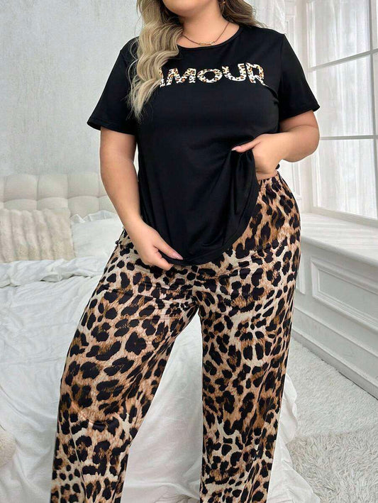 Ensemble pyjama grande taille à motif léopard, t-shirt à col rond et manches courtes et pantalon, tenues