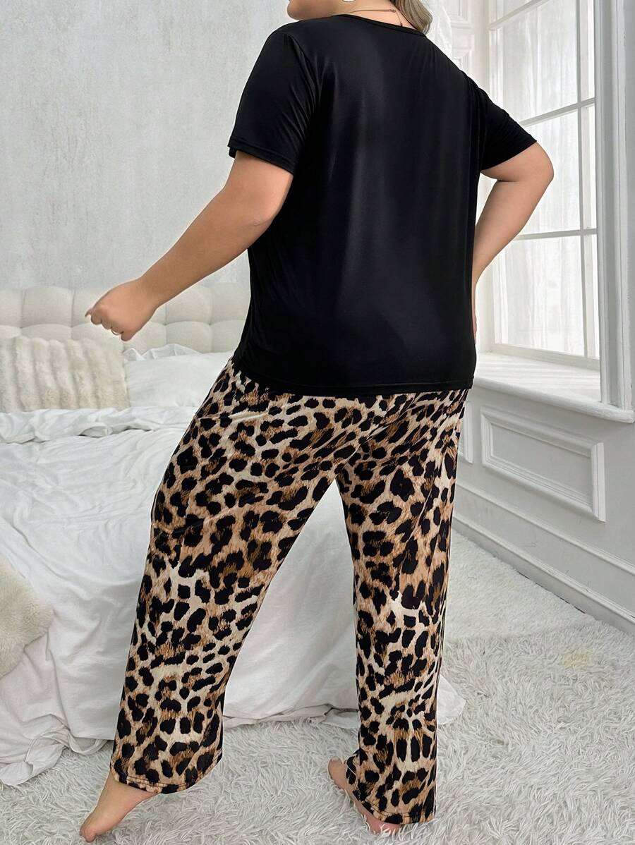 Ensemble pyjama grande taille à motif léopard, t-shirt à col rond et manches courtes et pantalon, tenues