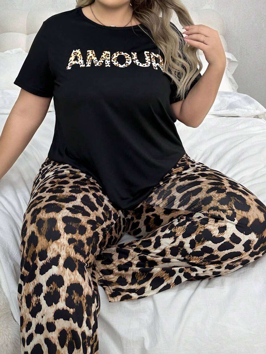 Ensemble pyjama grande taille à motif léopard, t-shirt à col rond et manches courtes et pantalon, tenues