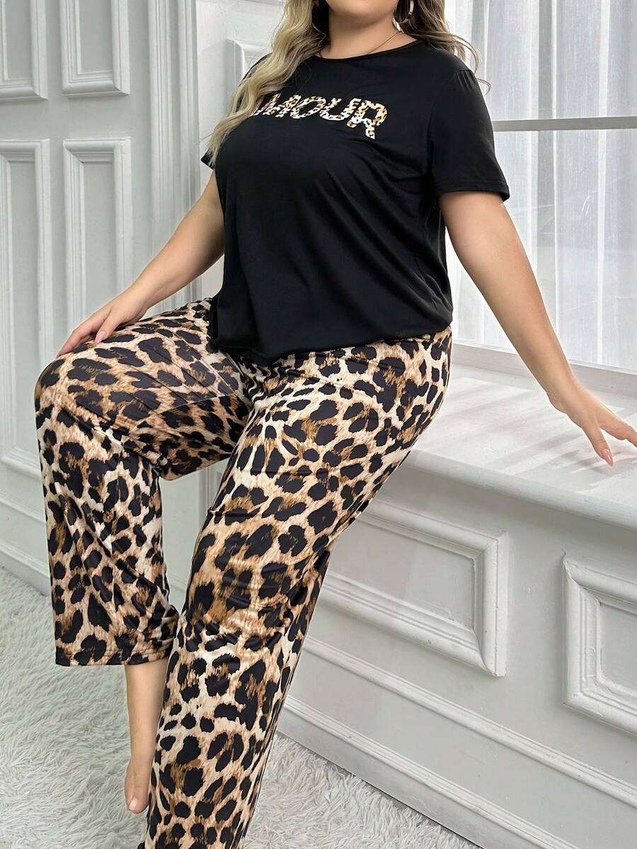 Ensemble pyjama grande taille à motif léopard, t-shirt à col rond et manches courtes et pantalon, tenues