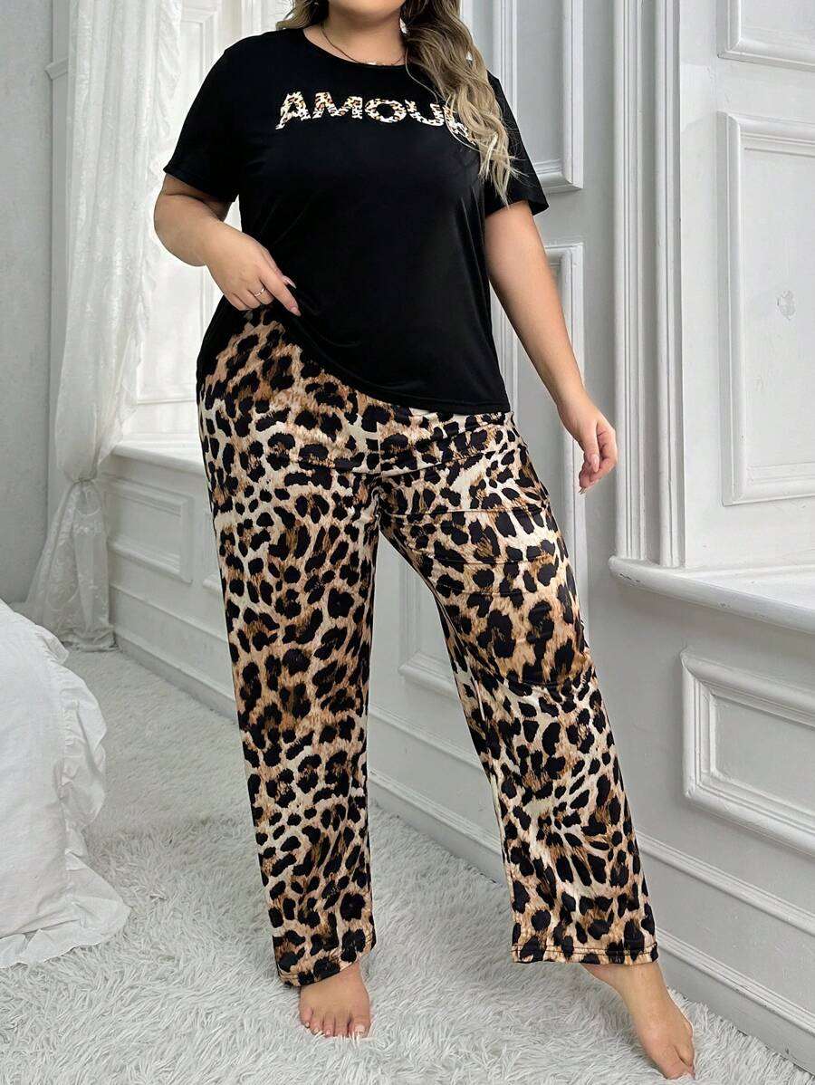 Ensemble pyjama grande taille à motif léopard, t-shirt à col rond et manches courtes et pantalon, tenues