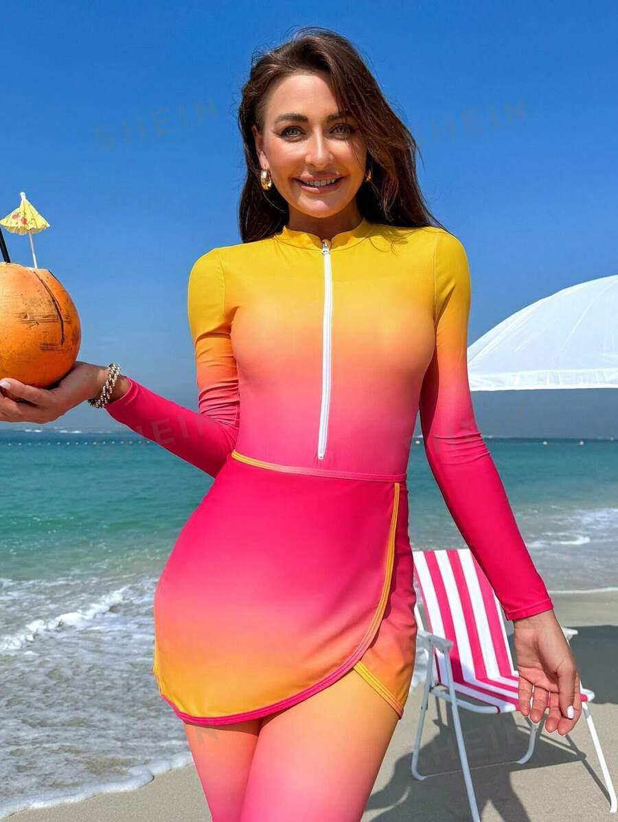 SHEIN Swim Mulvari Maillot De Bain Une Pièce À Manches Longues Et Tie-dye Pour Femme