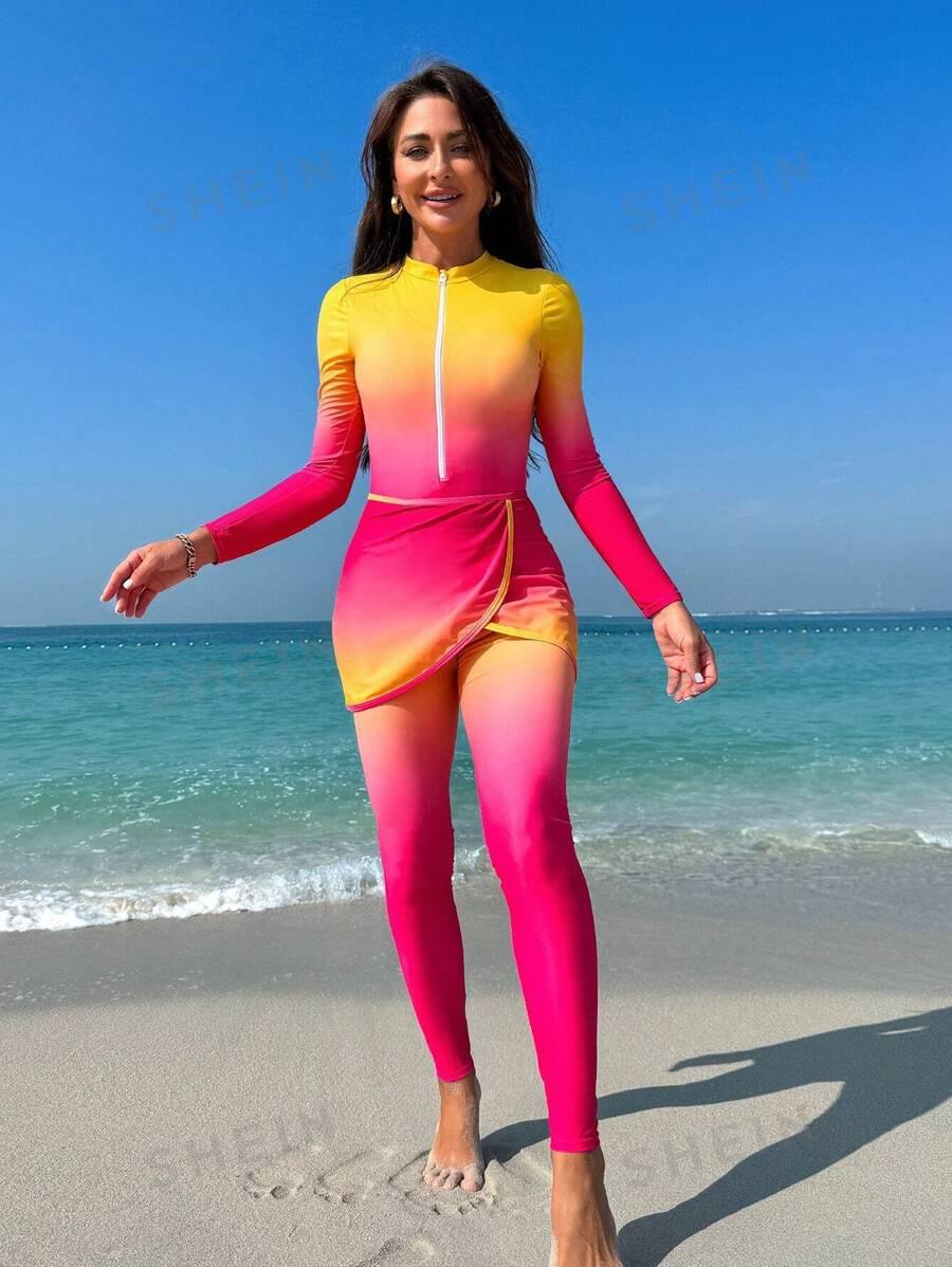 SHEIN Swim Mulvari Maillot De Bain Une Pièce À Manches Longues Et Tie-dye Pour Femme